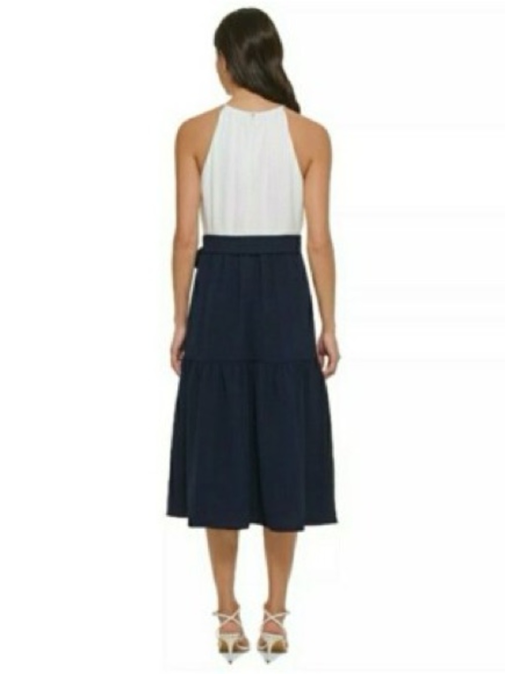 DKNY Women's Tiered Tie-Waist Halter-Neck Midi Dress Ivory/Spring Navy NWT 12 - Picture 2 of 16